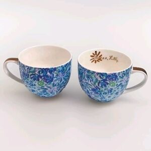 Lilly Pulitzer Blue Floral Ceramic Mug Set of 2 Coffee Tea Cups Collector Item